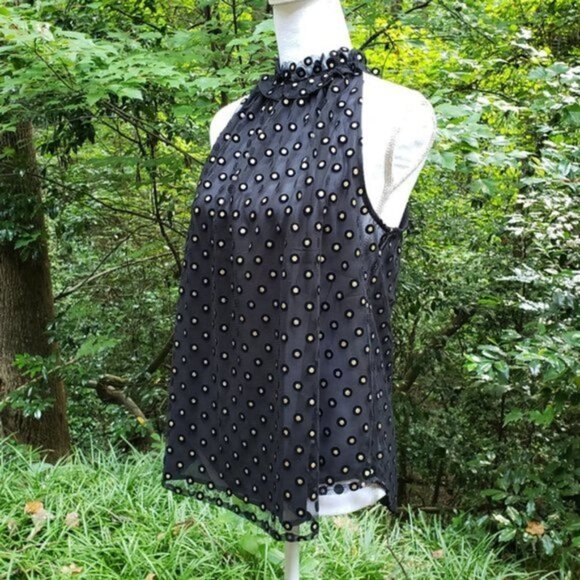 LOFT Black and Gold Clip Dot Velvet Embroidered Mesh Sleeveless Blouse Top (NWT) - Picture 4 of 8